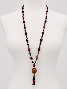 Boho Beaded Tassel Necklace | Earth Tone Statement Necklace
